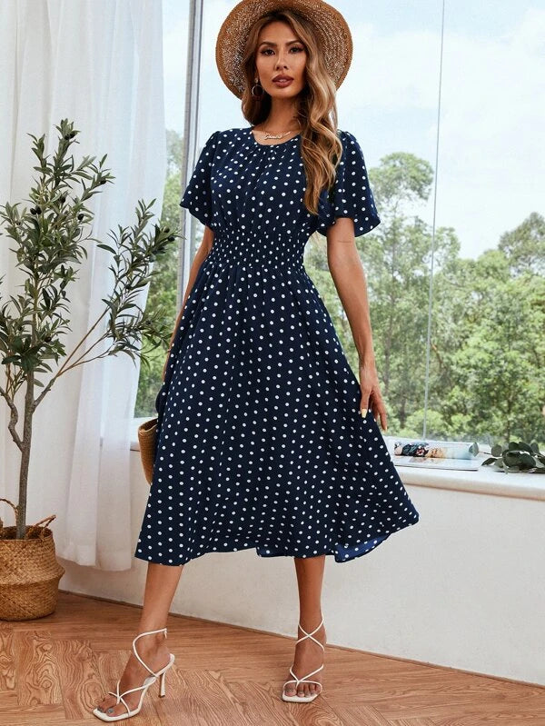 Dot Butterfly Sleeve Shirred Dress