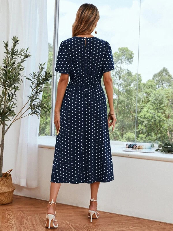 Dot Butterfly Sleeve Shirred Dress