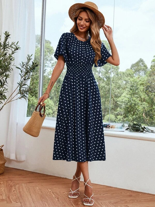 Dot Butterfly Sleeve Shirred Dress