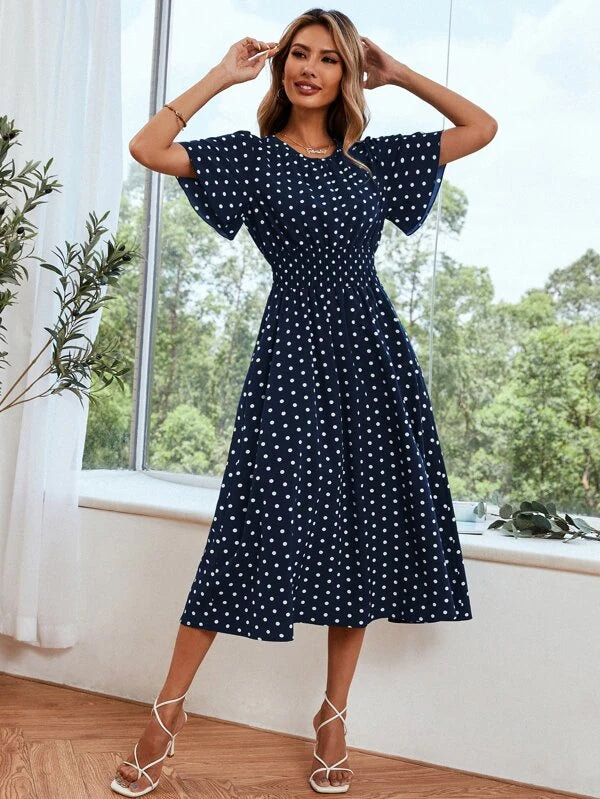 Dot Butterfly Sleeve Shirred Dress