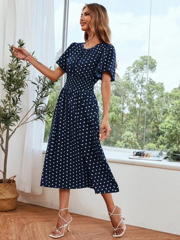 Dot Butterfly Sleeve Shirred Dress