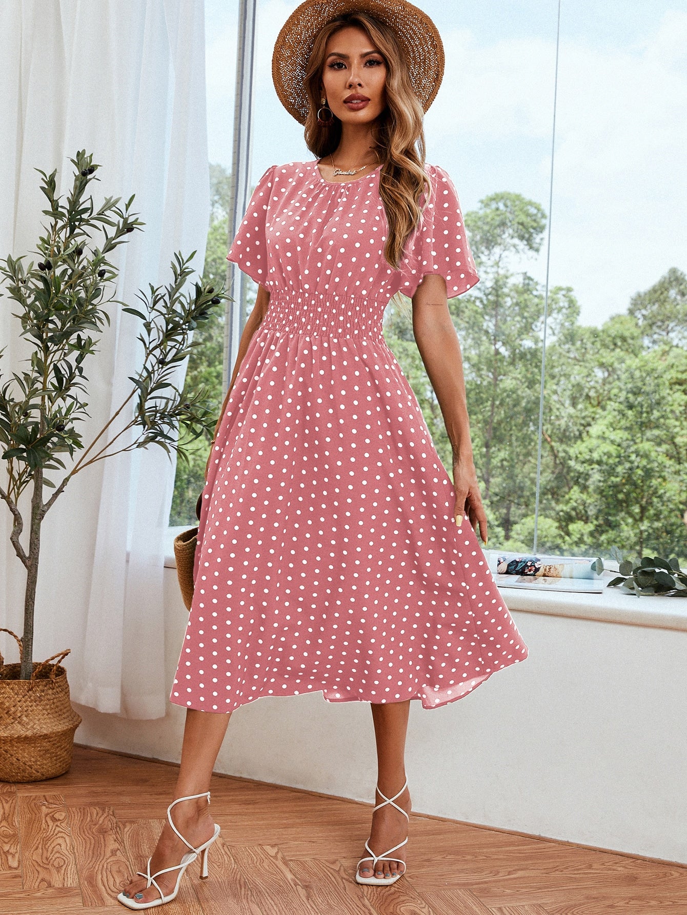 Dot Butterfly Sleeve Shirred Dress