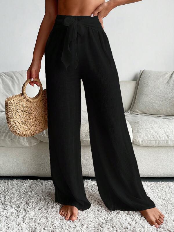 Wide Leg Cover-Up Pants with Front Tie