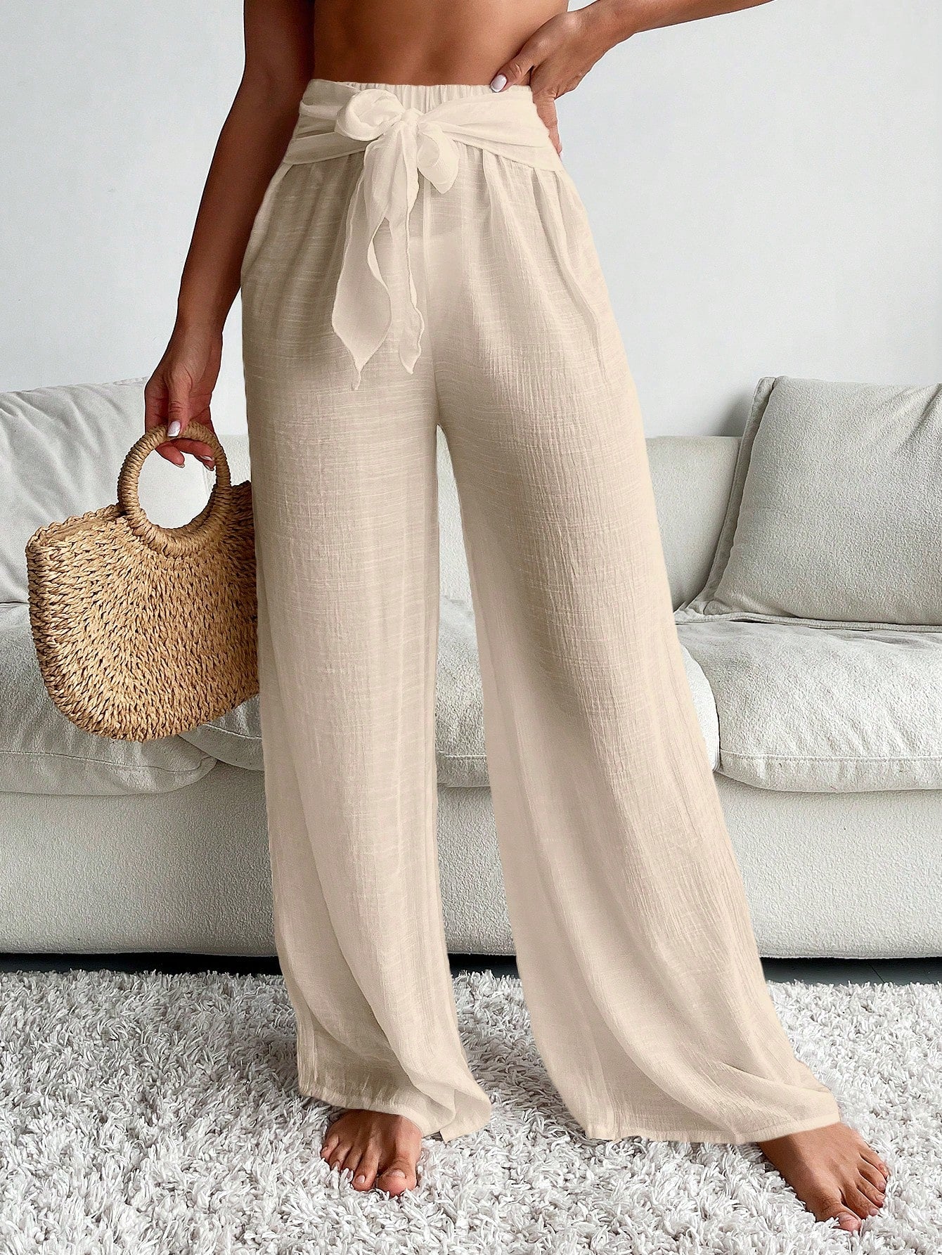 Wide Leg Cover-Up Pants with Front Tie