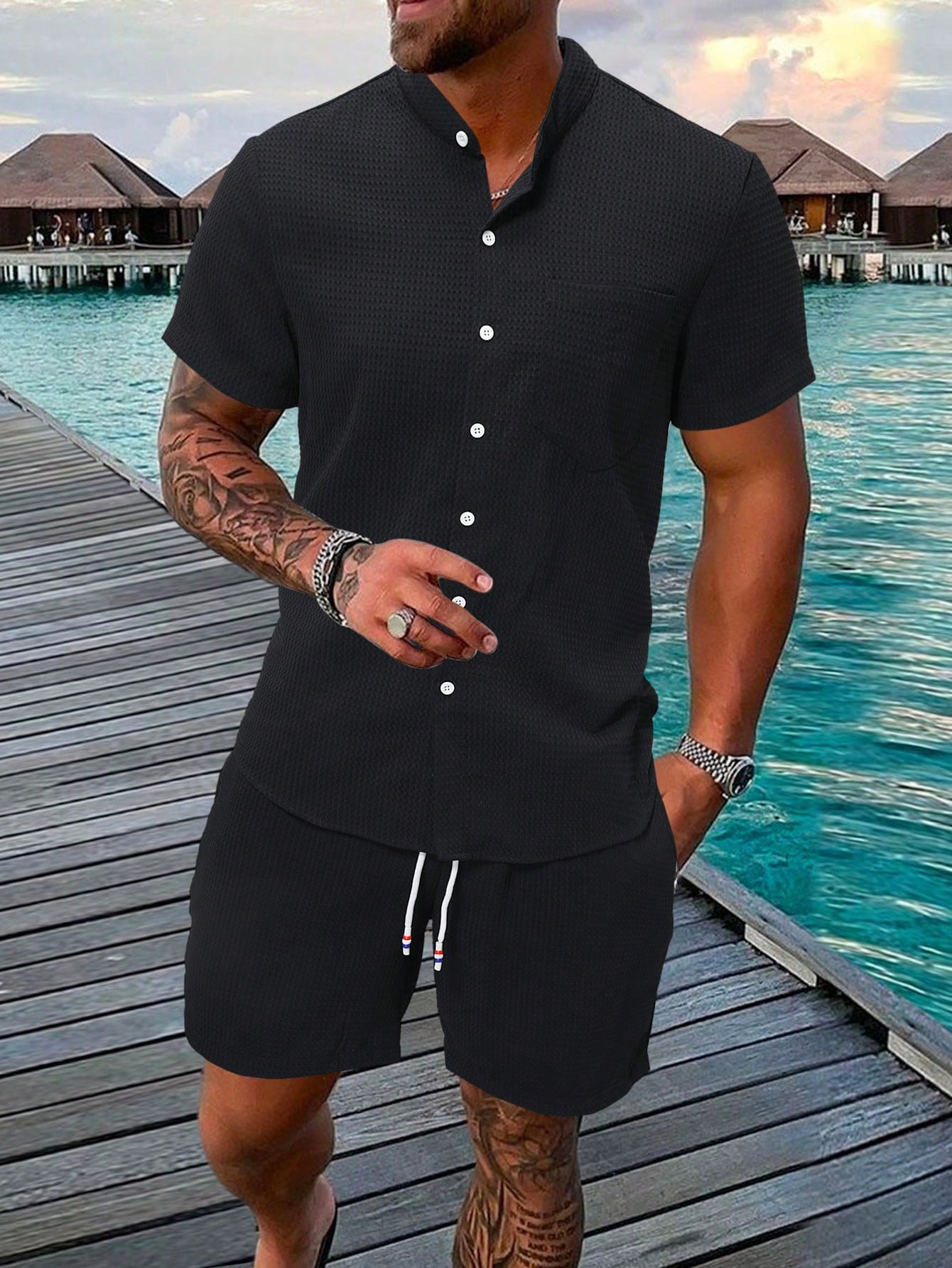 Casual Linnen Short Sleeve Shirt And Shorts Set