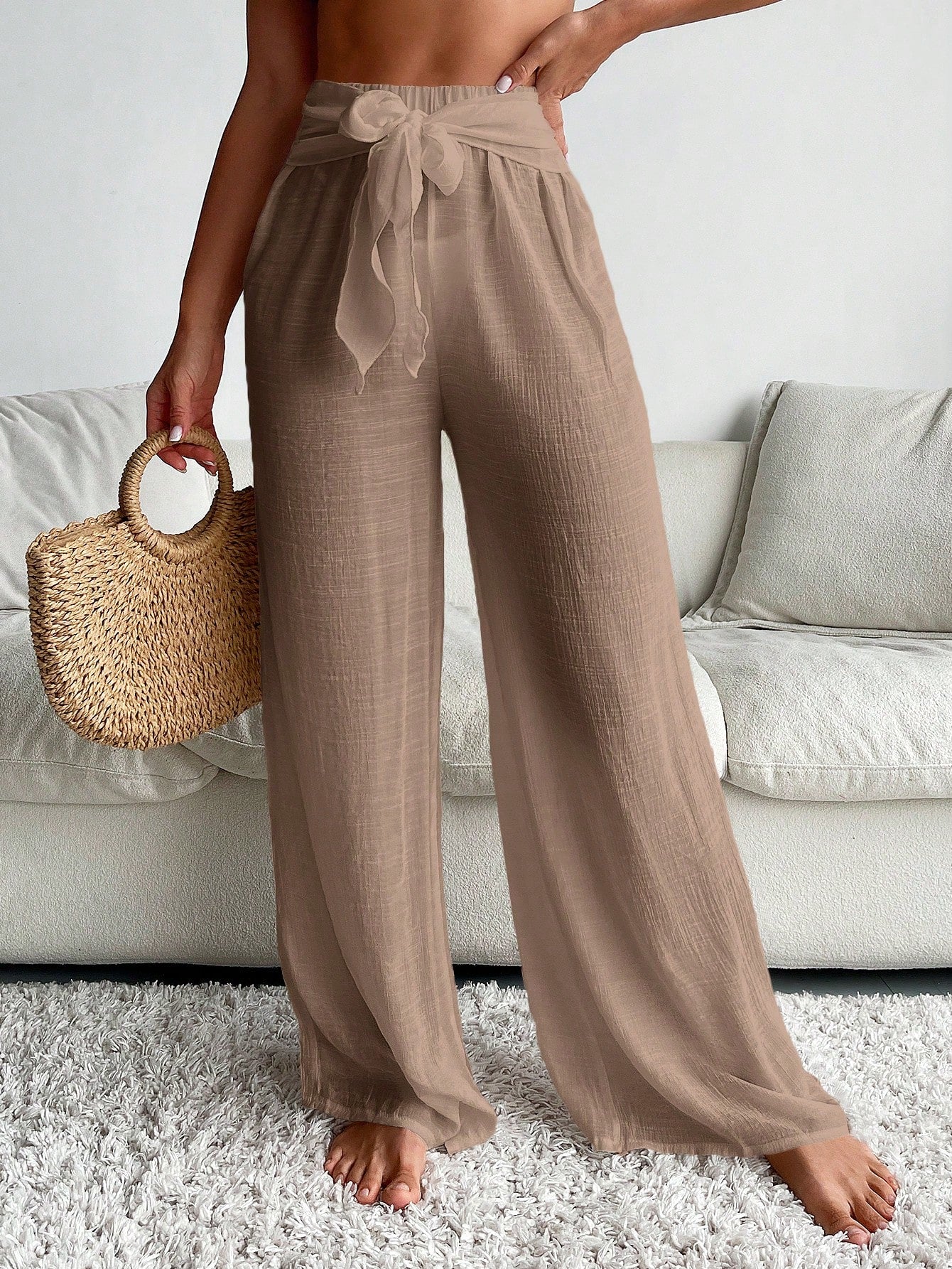 Wide Leg Cover-Up Pants with Front Tie