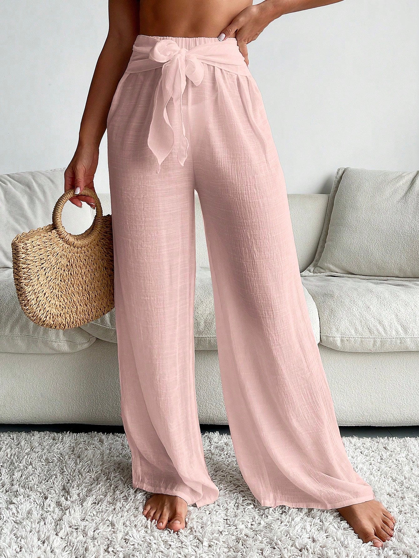 Wide Leg Cover-Up Pants with Front Tie