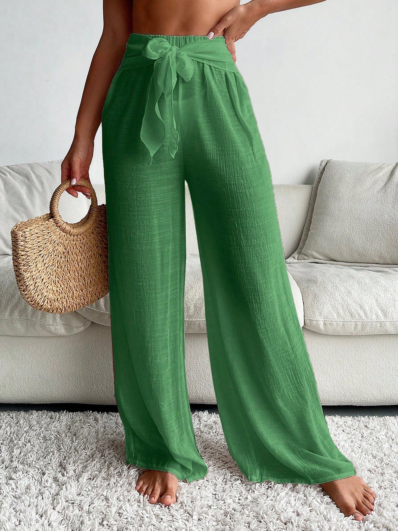 Wide Leg Cover-Up Pants with Front Tie