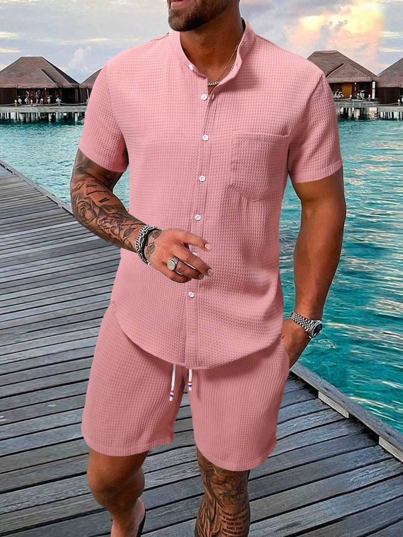 Casual Linnen Short Sleeve Shirt And Shorts Set