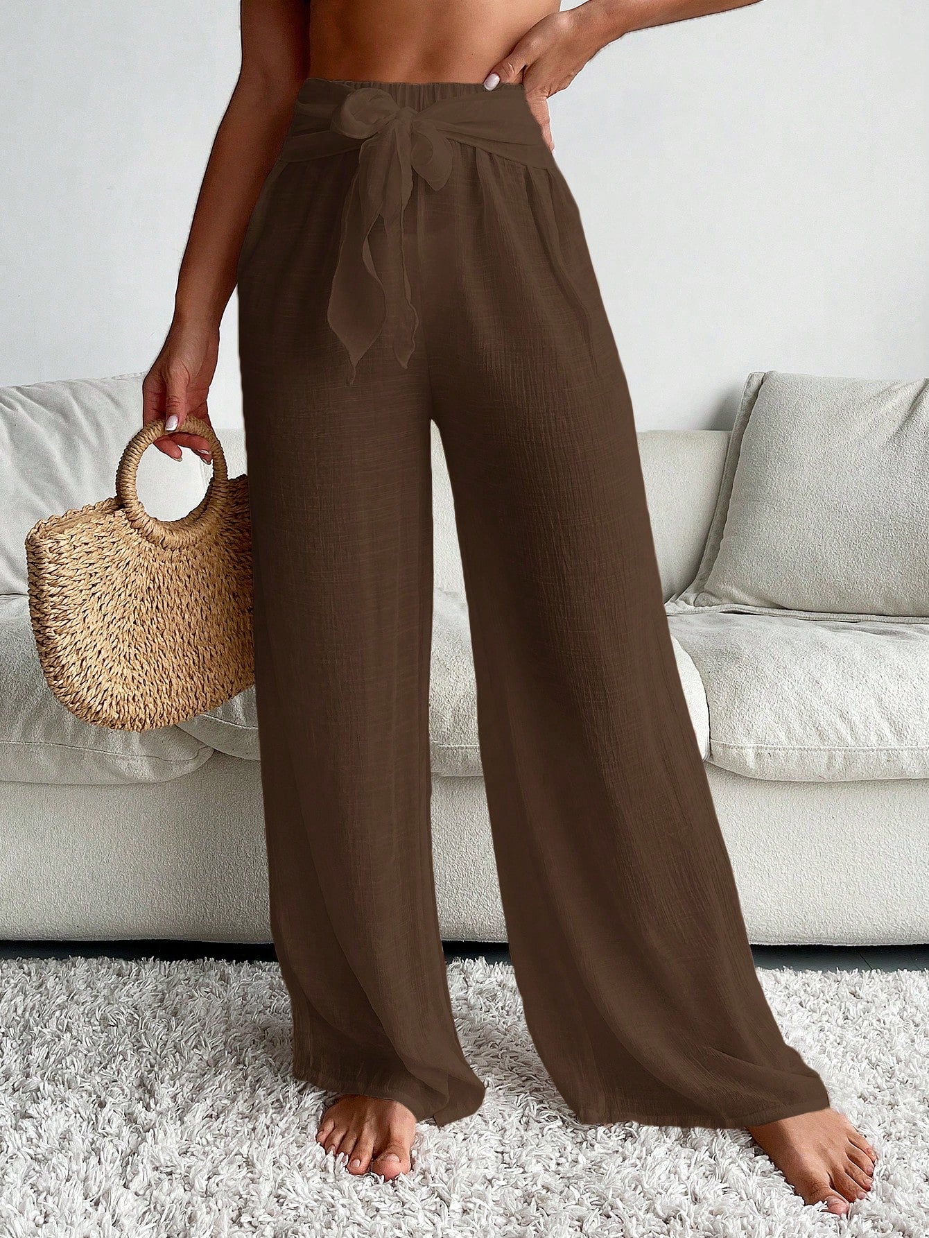 Wide Leg Cover-Up Pants with Front Tie