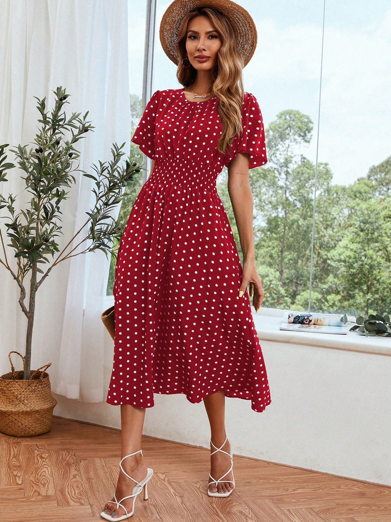 Dot Butterfly Sleeve Shirred Dress