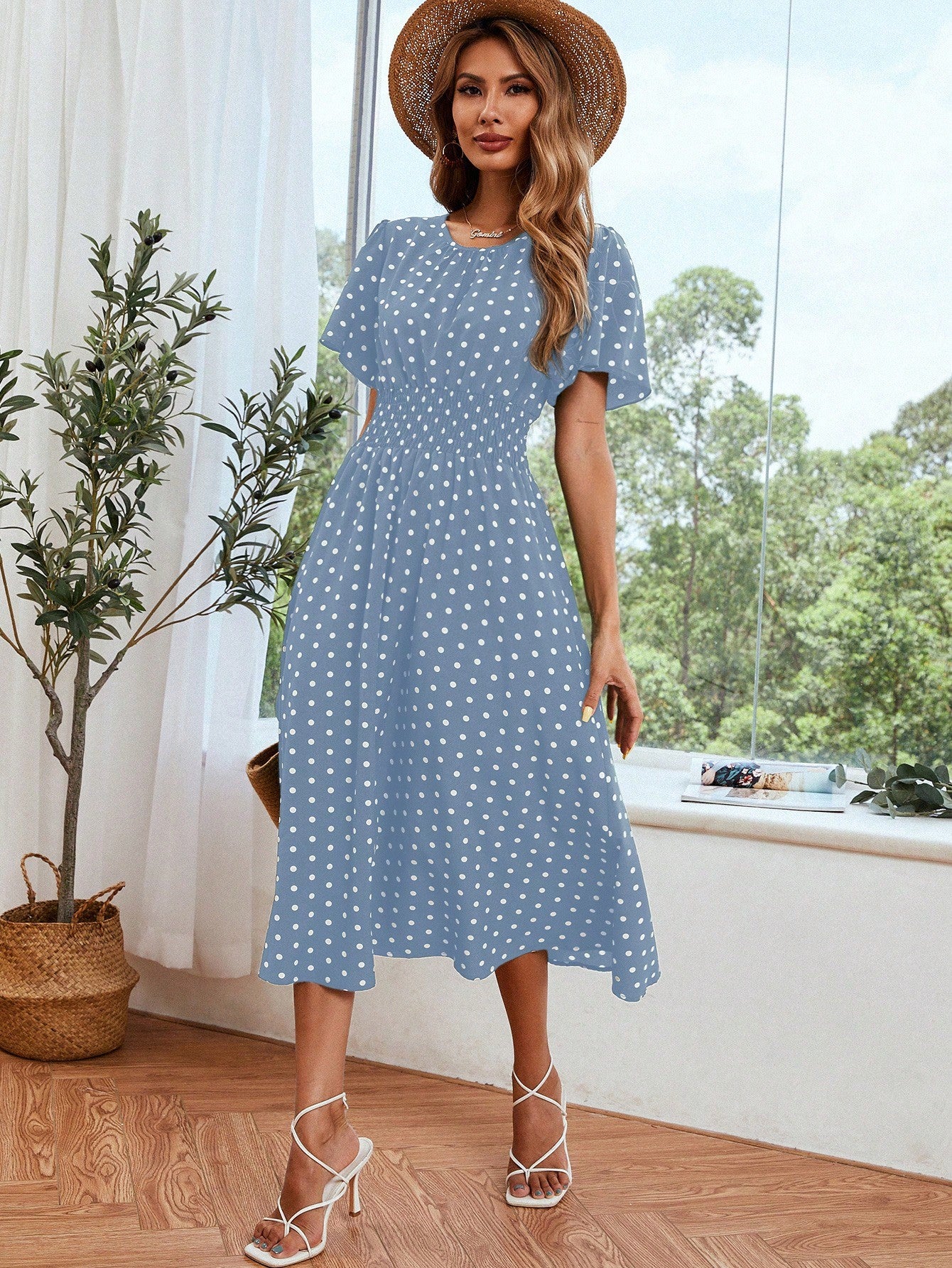 Dot Butterfly Sleeve Shirred Dress