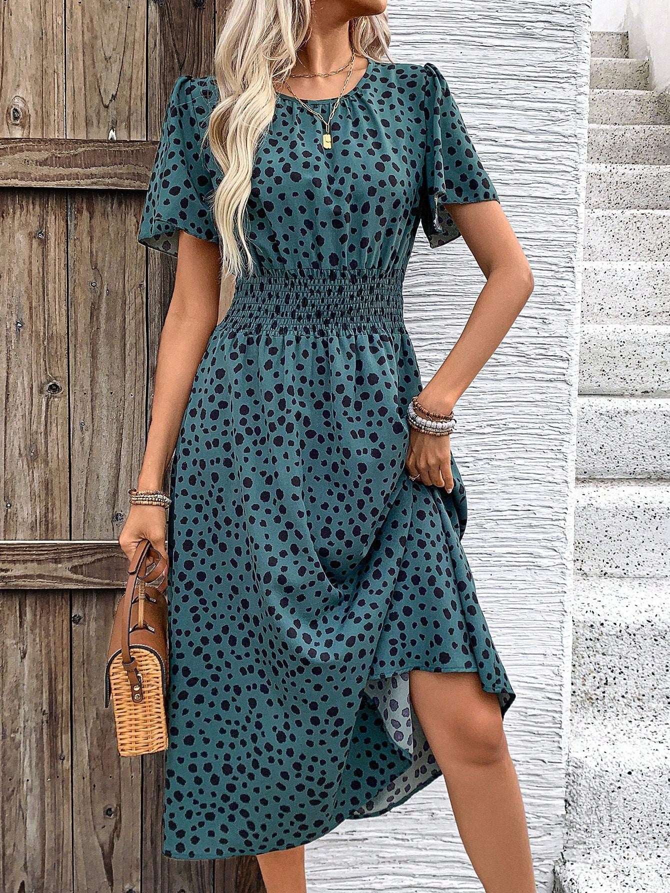 Dot Butterfly Sleeve Shirred Dress