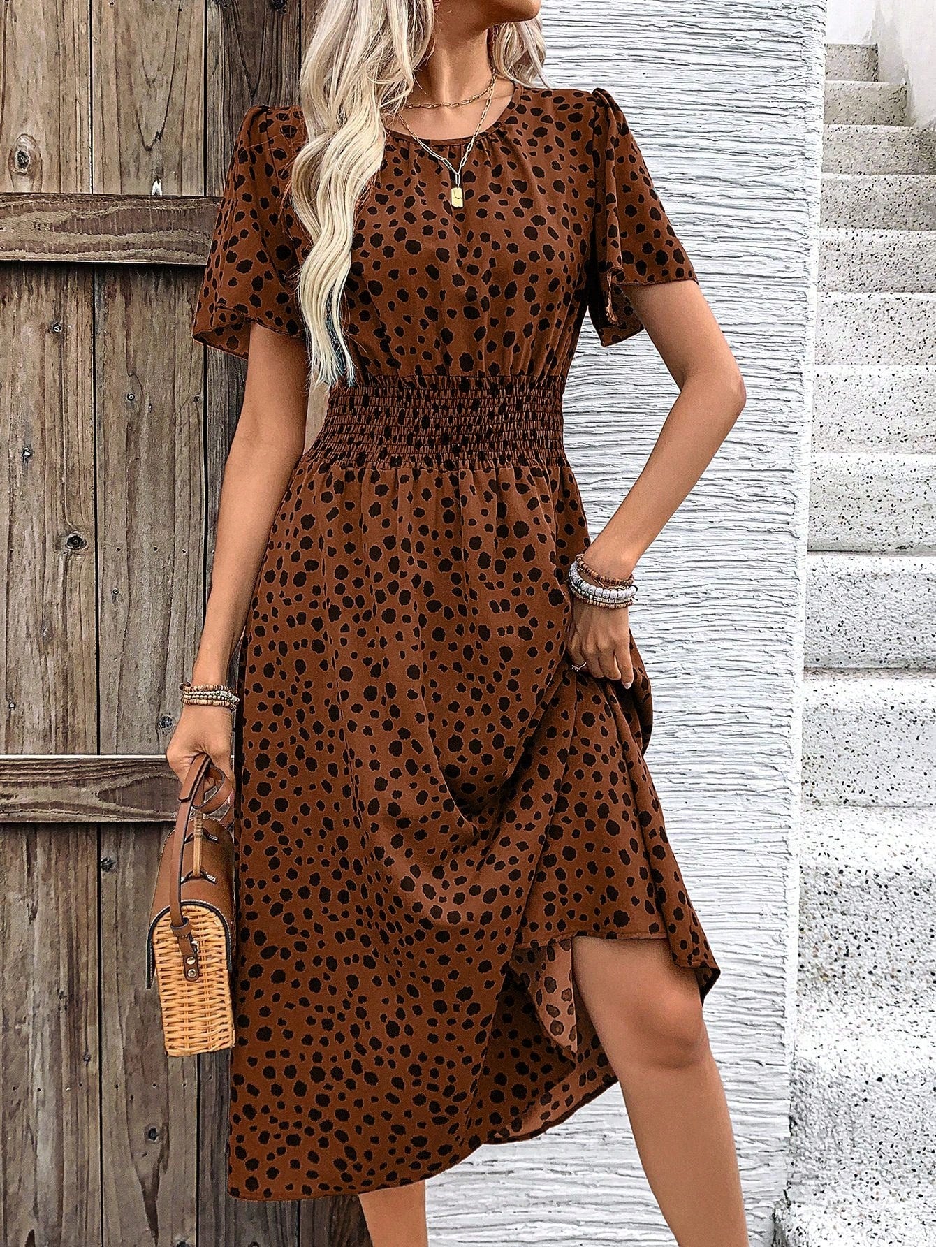 Dot Butterfly Sleeve Shirred Dress