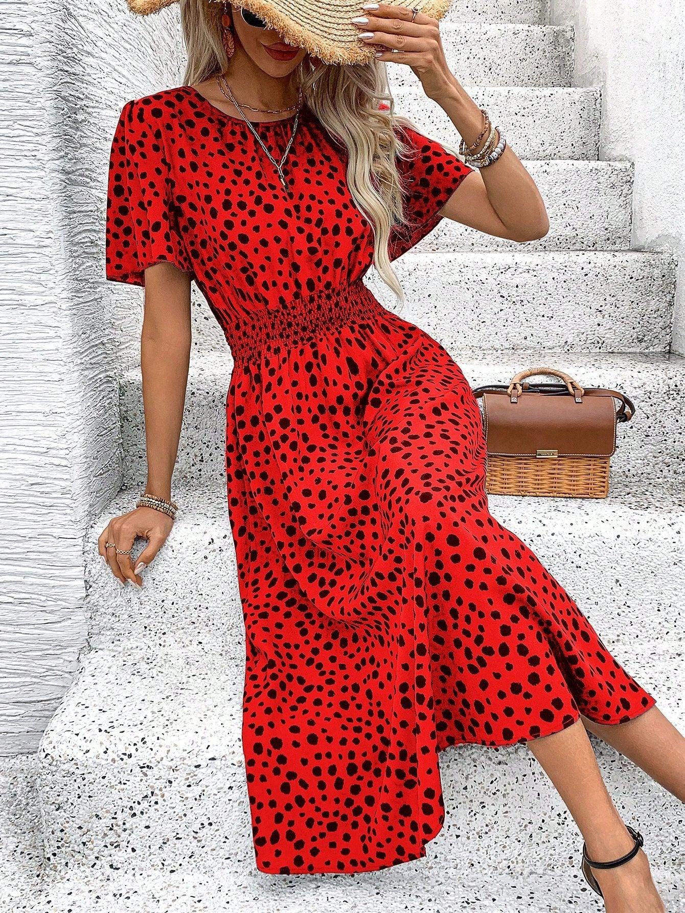 Dot Butterfly Sleeve Shirred Dress