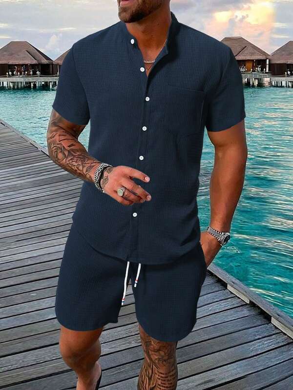 Casual Linnen Short Sleeve Shirt And Shorts Set