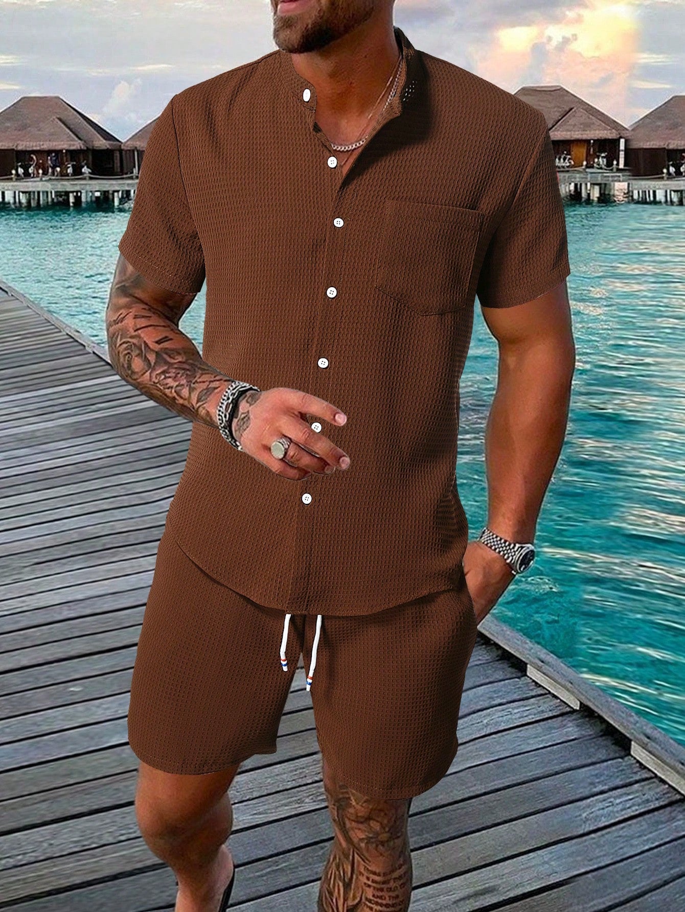 Casual Linnen Short Sleeve Shirt And Shorts Set