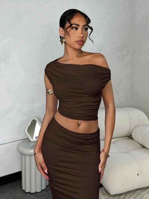 Asymmetric Ruched Oblique Shoulder Top & High-Slit Low Waist Skirt Set