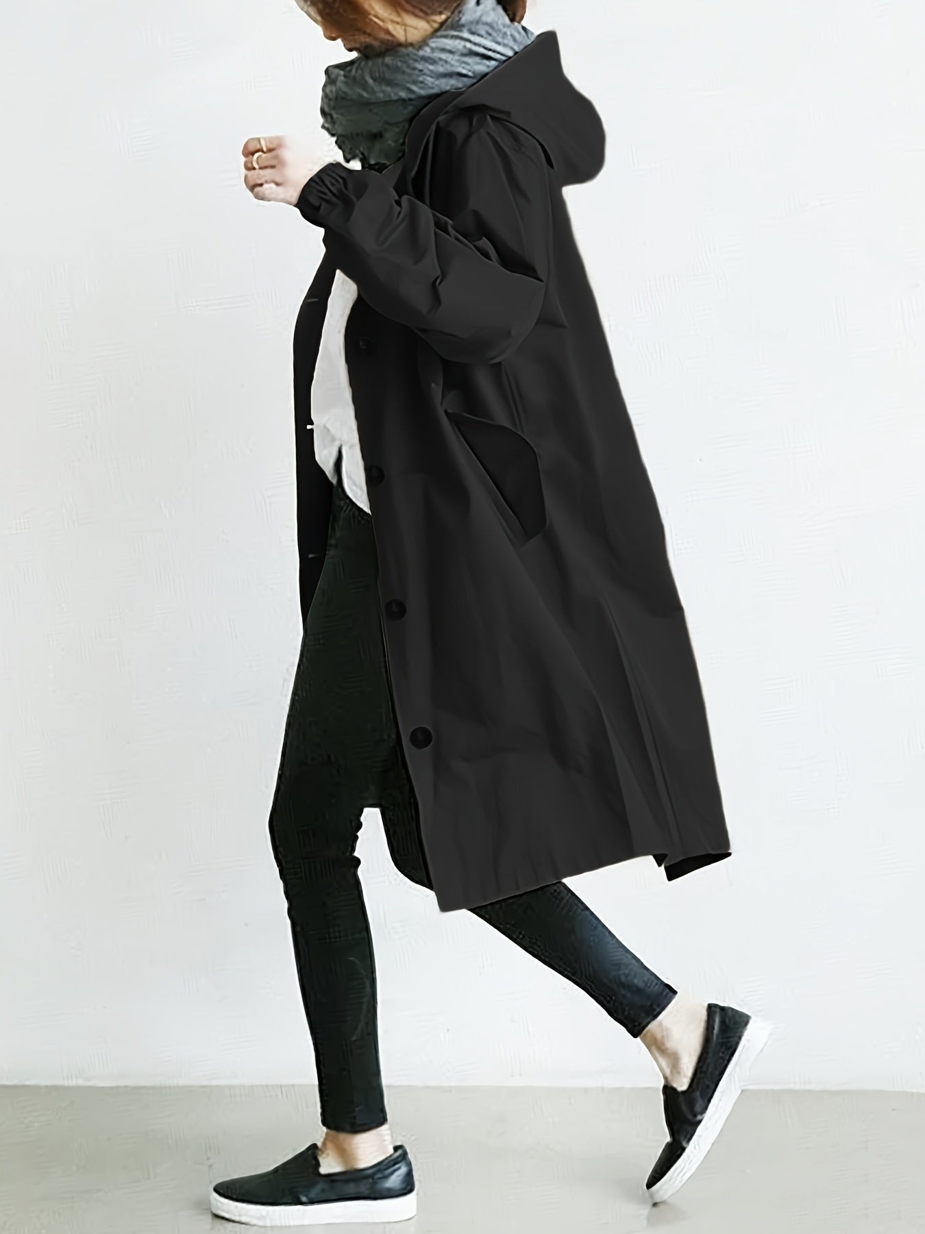 Drawstring Hooded Long Sleeve Trench Coat