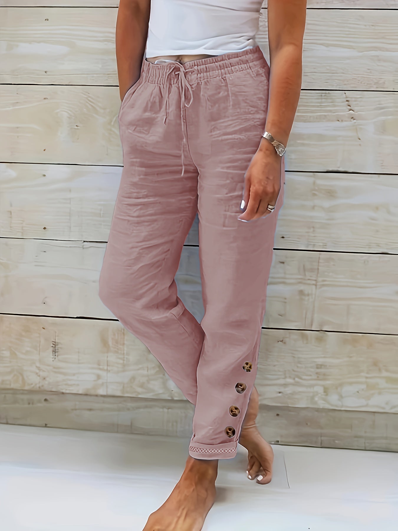 Solid Cotton Drawstring Waist Pants