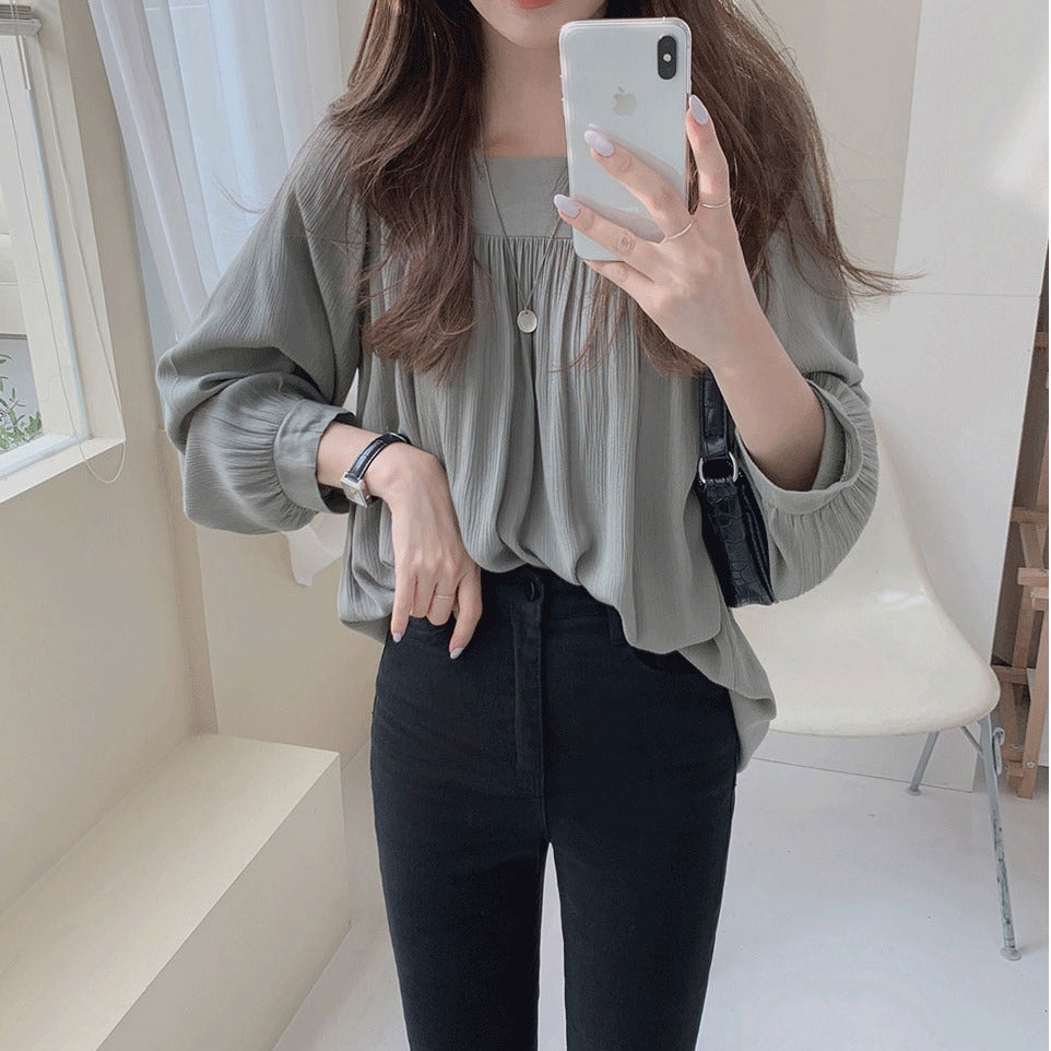 Puff-Sleeve Crew Neck Plain Chiffon Blouse