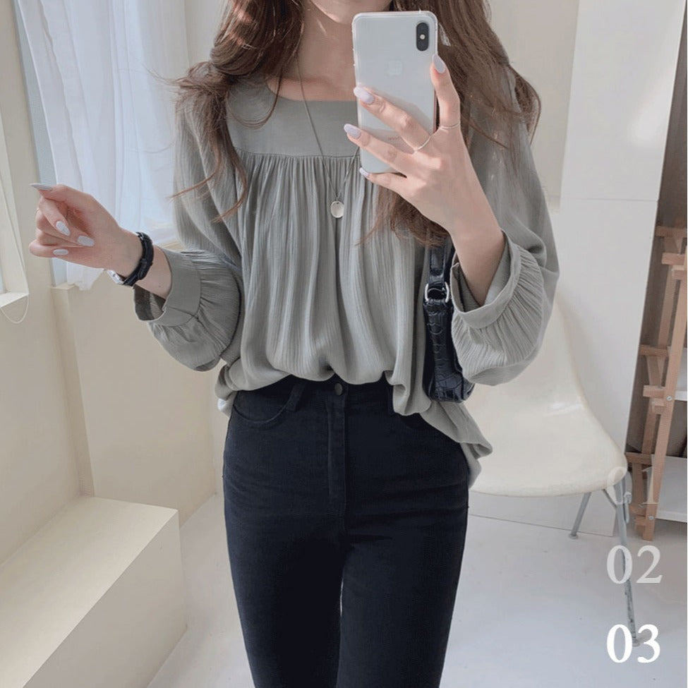 Puff-Sleeve Crew Neck Plain Chiffon Blouse