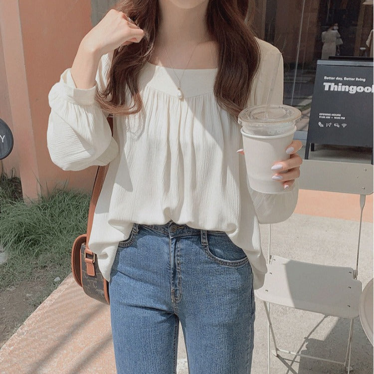 Puff-Sleeve Crew Neck Plain Chiffon Blouse