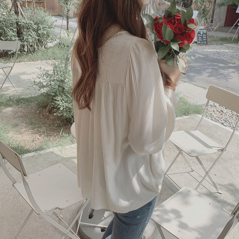 Puff-Sleeve Crew Neck Plain Chiffon Blouse