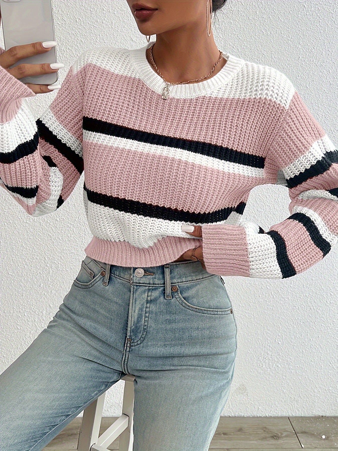 Colorblock Crop Knitted Sweater