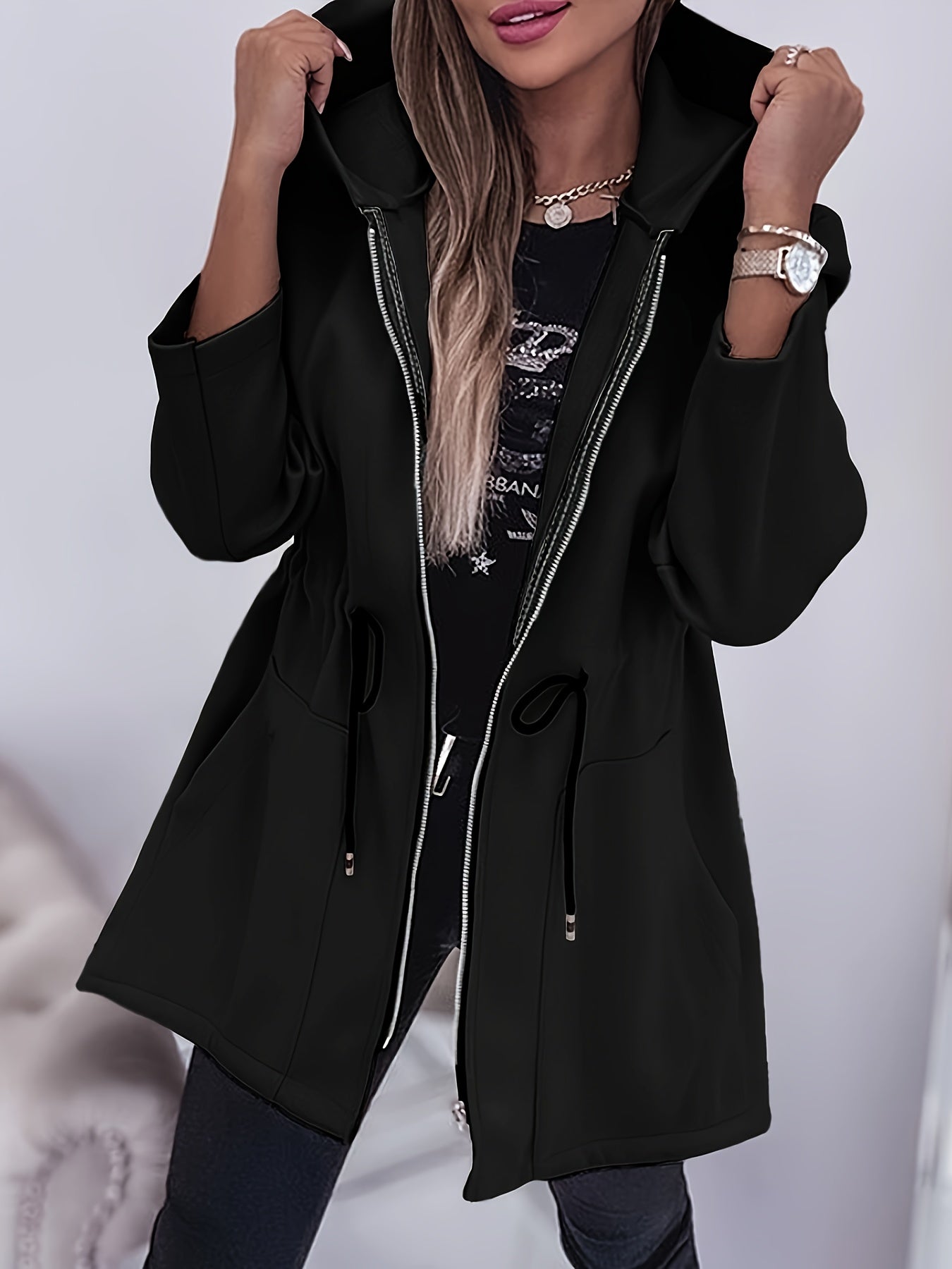 Casual Long Sleeve Hooded Drawstring Waist Jacket