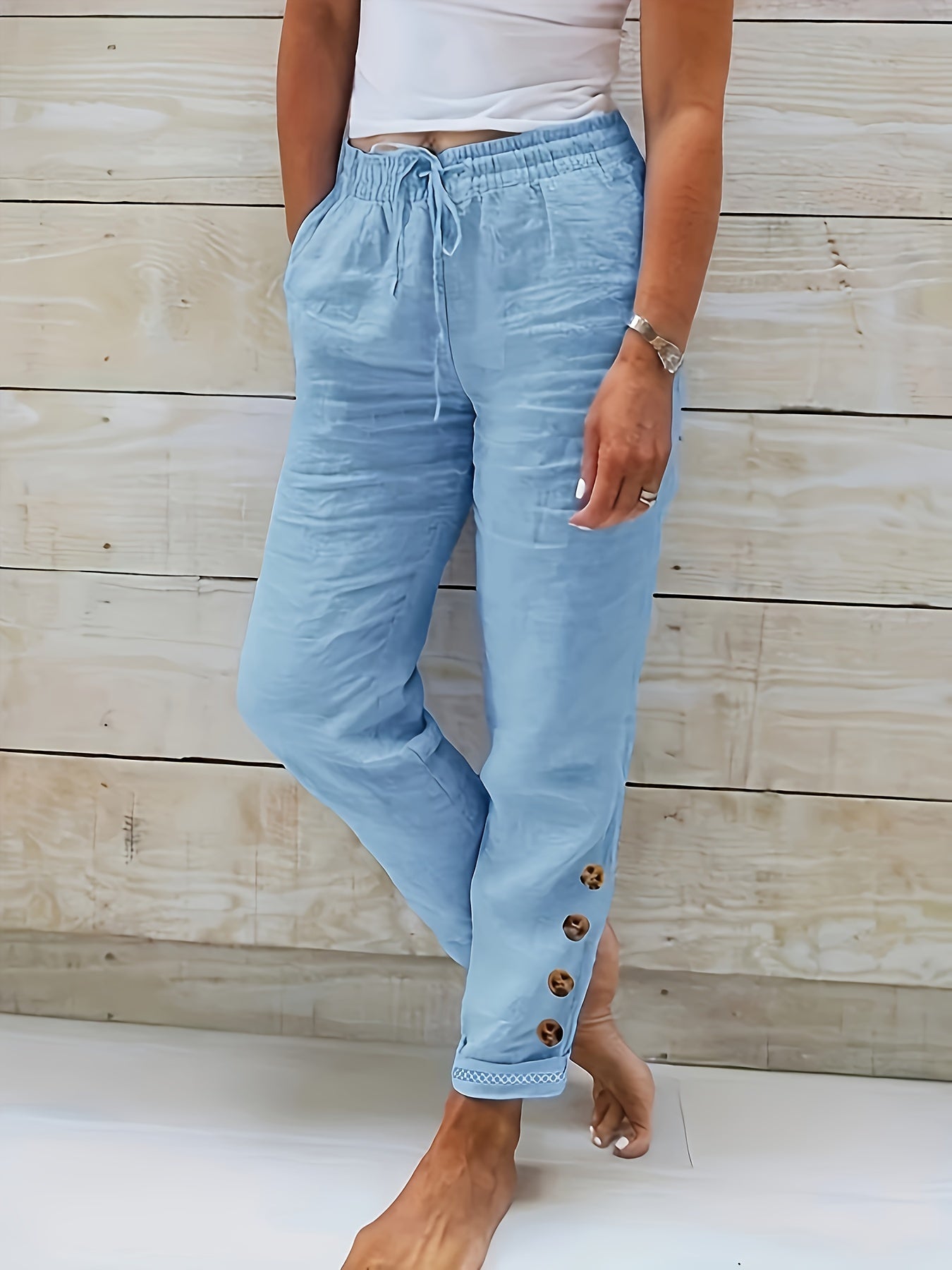 Solid Cotton Drawstring Waist Pants