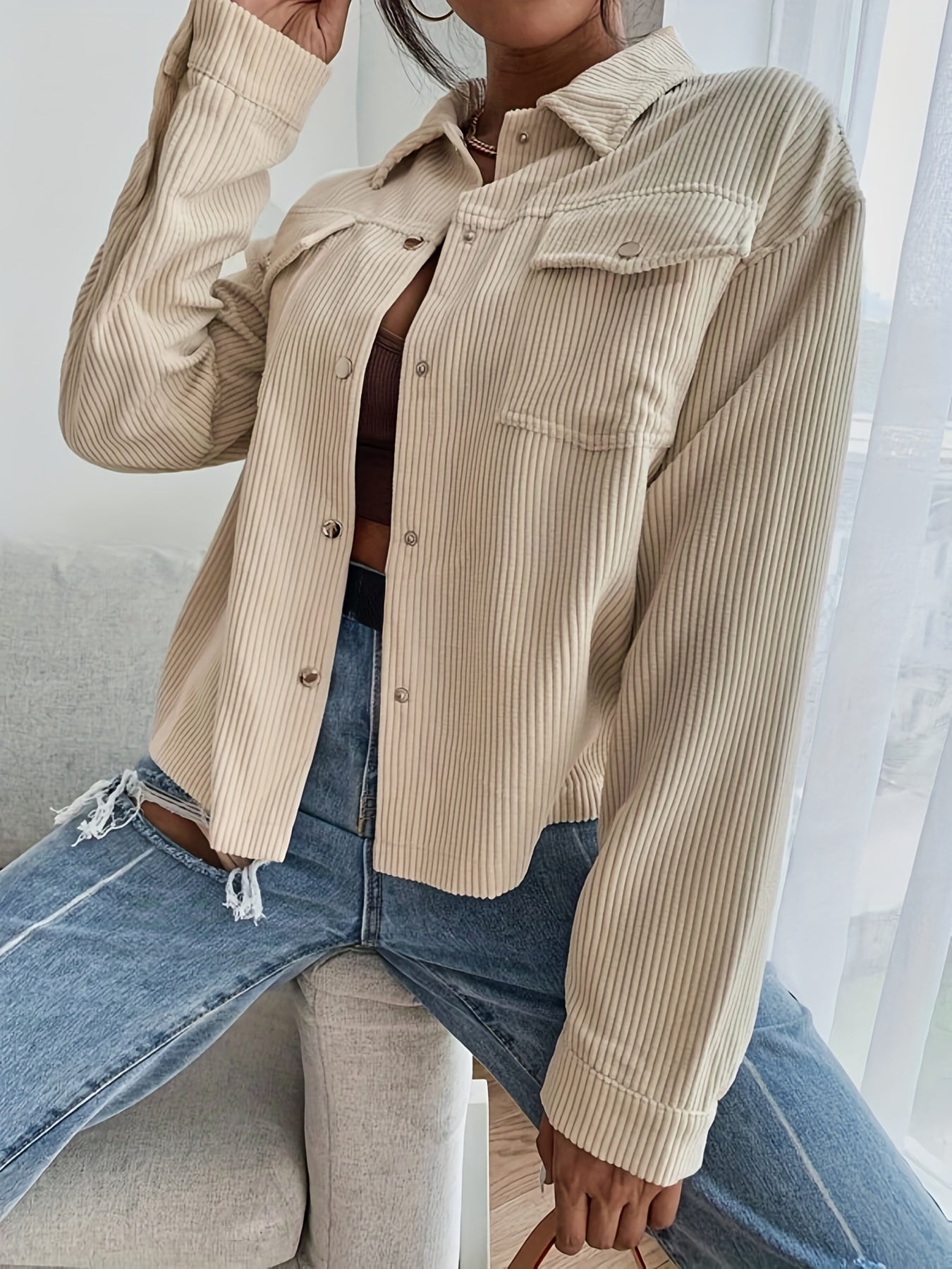 Solid Button Front Long Sleeve Jacket for Women