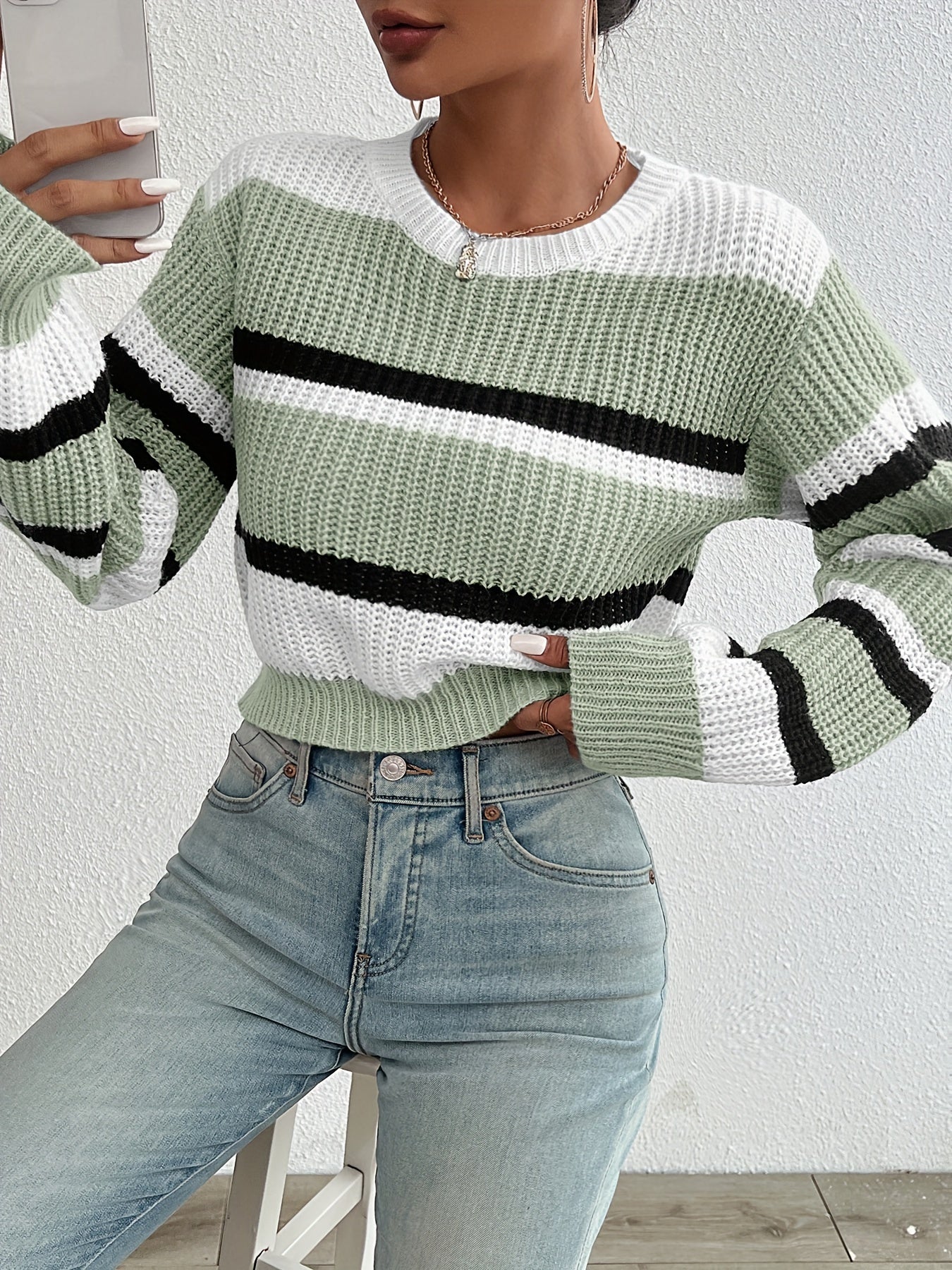 Colorblock Crop Knitted Sweater