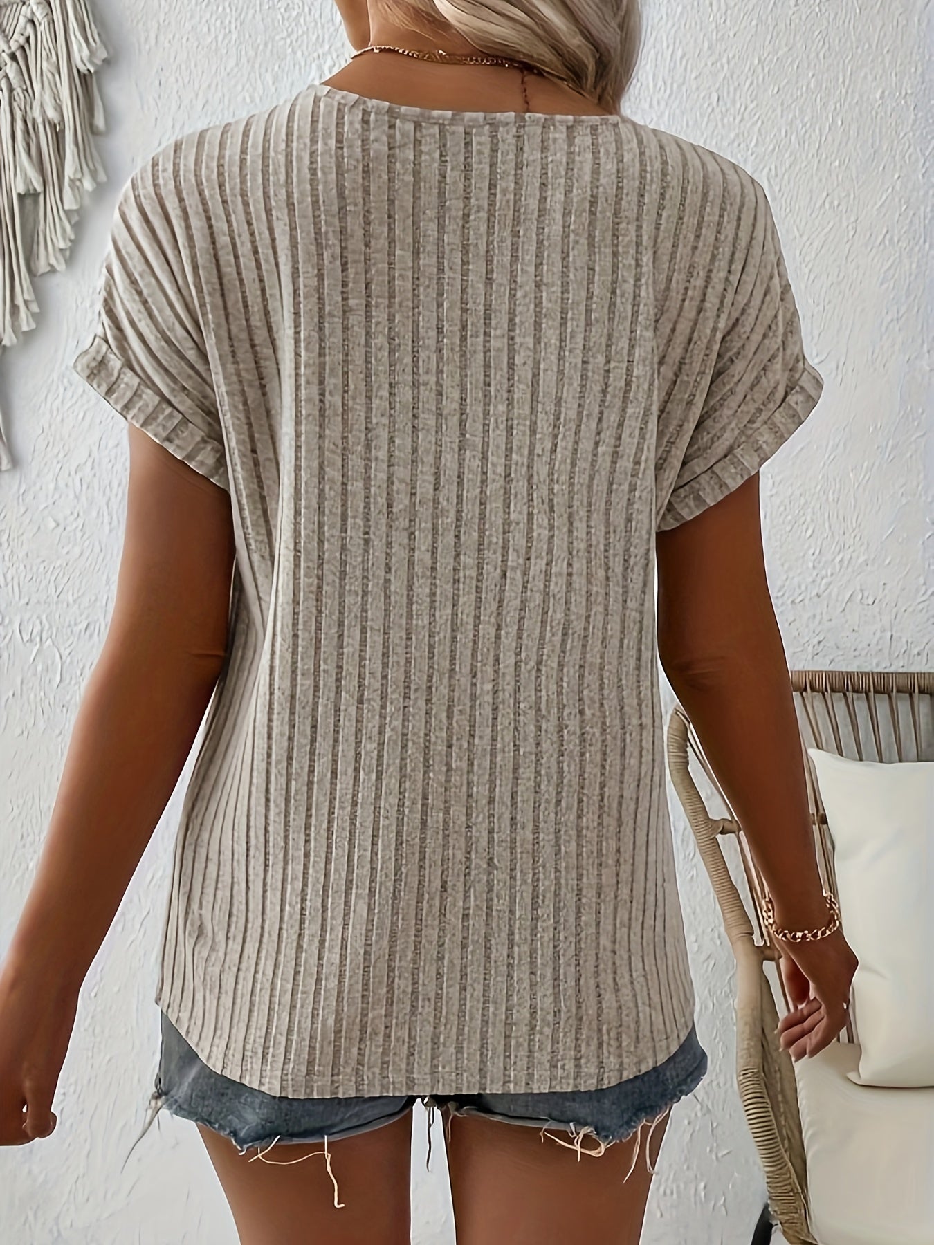 Ribbed Knit Notch Neck T-Shirt