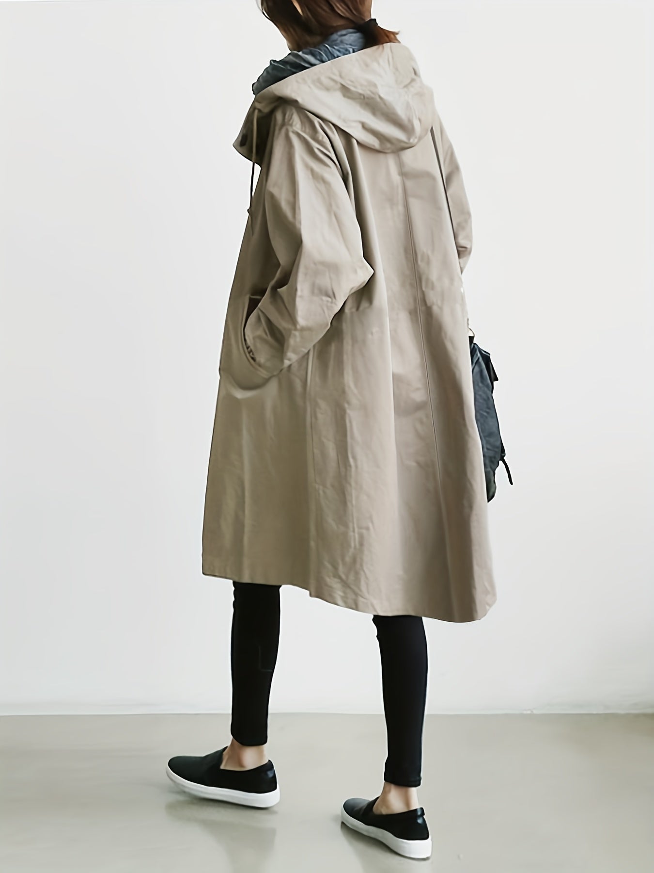 Drawstring Hooded Long Sleeve Trench Coat