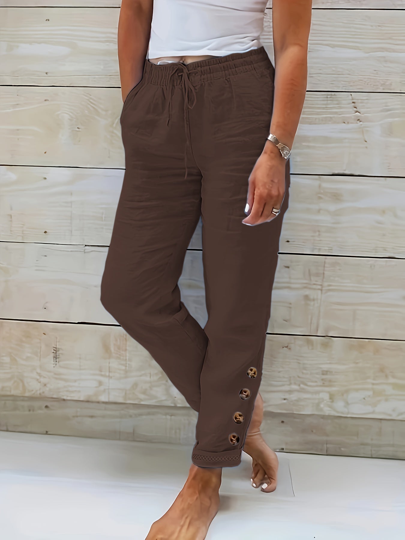 Solid Cotton Drawstring Waist Pants