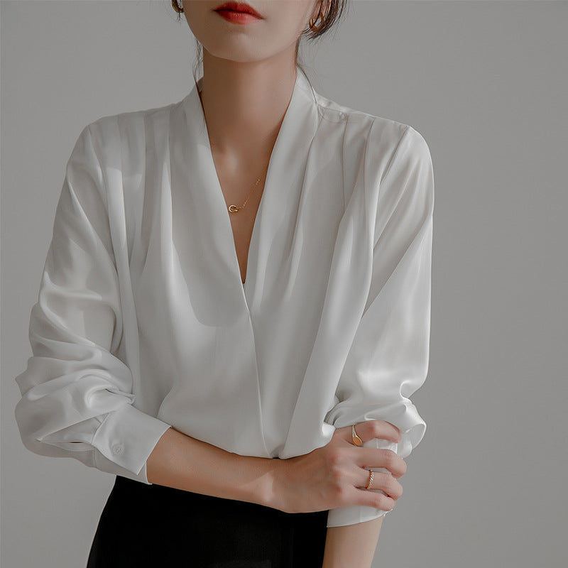 Vintage V-Neck Satin Long Sleeve Blouse