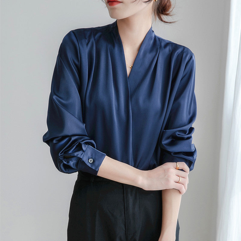 Vintage V-Neck Satin Long Sleeve Blouse