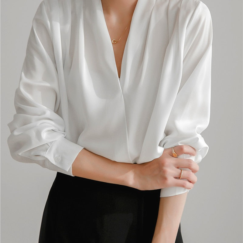 Vintage V-Neck Satin Long Sleeve Blouse