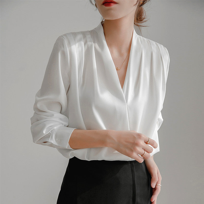 Vintage V-Neck Satin Long Sleeve Blouse