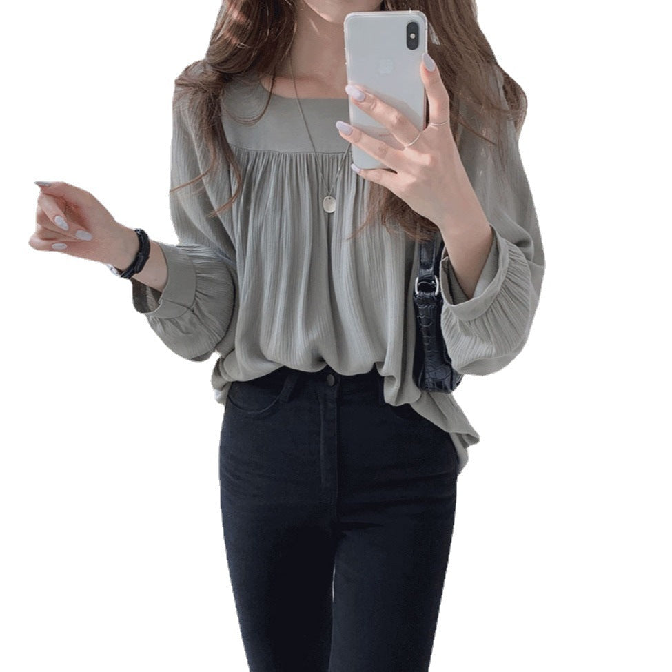 Puff-Sleeve Crew Neck Plain Chiffon Blouse