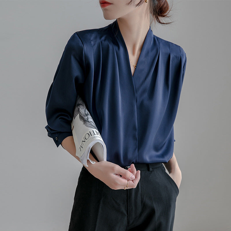 Vintage V-Neck Satin Long Sleeve Blouse