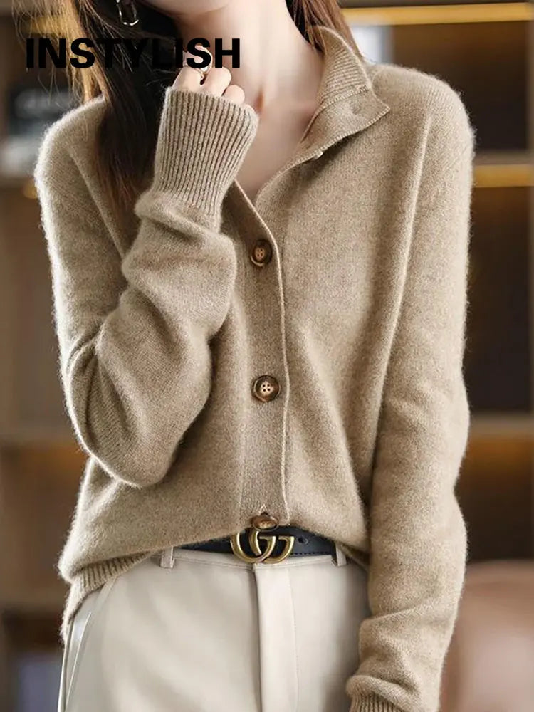 Merino Wool Turtleneck Cardigan Sweater