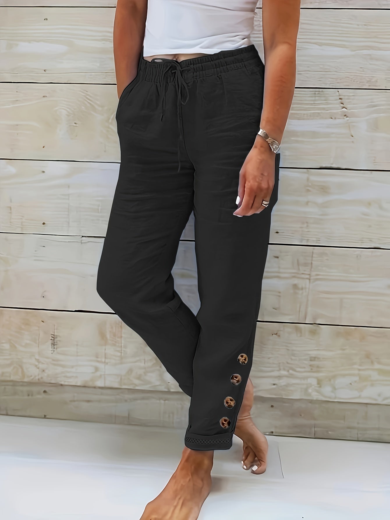 Solid Cotton Drawstring Waist Pants