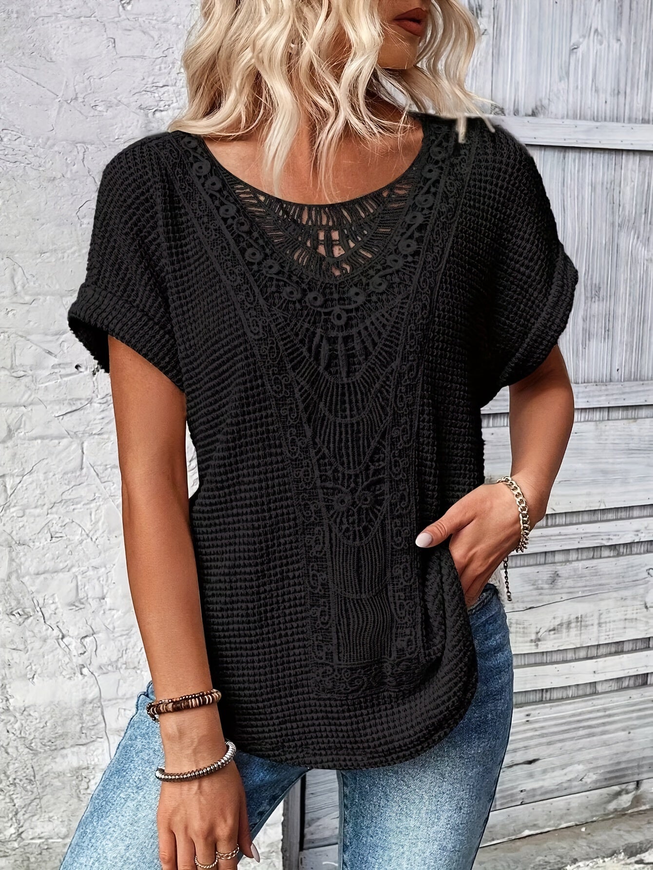 Lace Splicing Crew Neck Short Sleeve T-Shirt