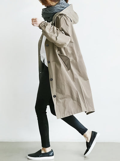 Drawstring Hooded Long Sleeve Trench Coat