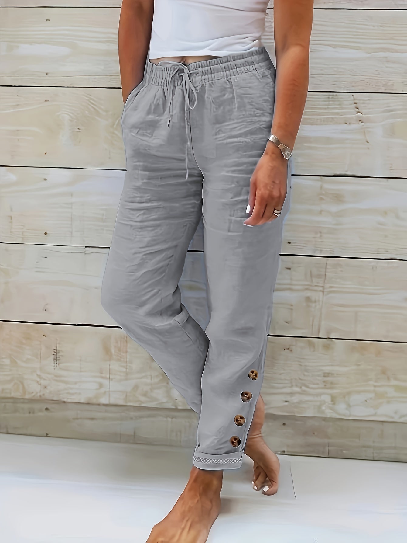 Solid Cotton Drawstring Waist Pants