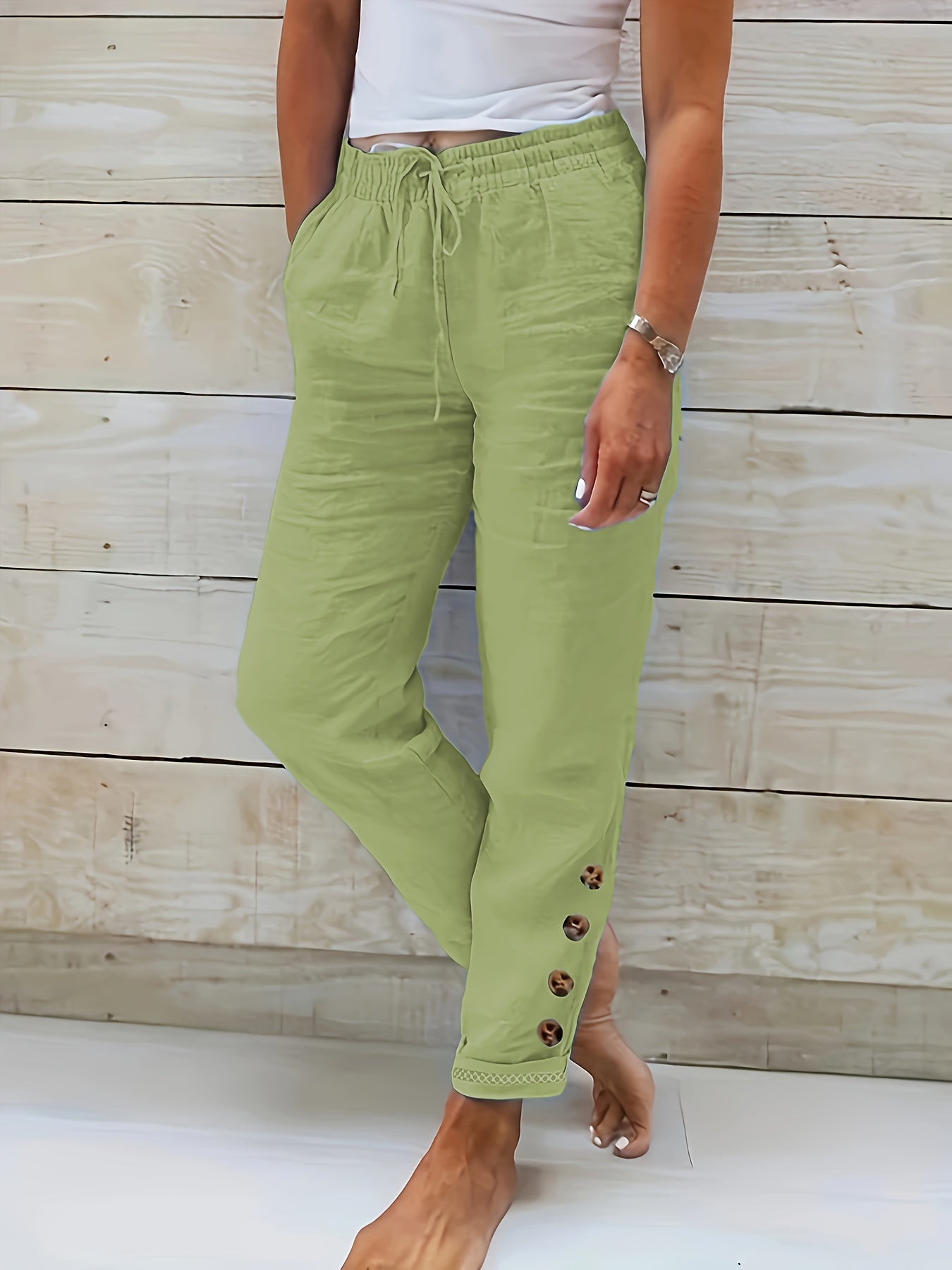 Solid Cotton Drawstring Waist Pants