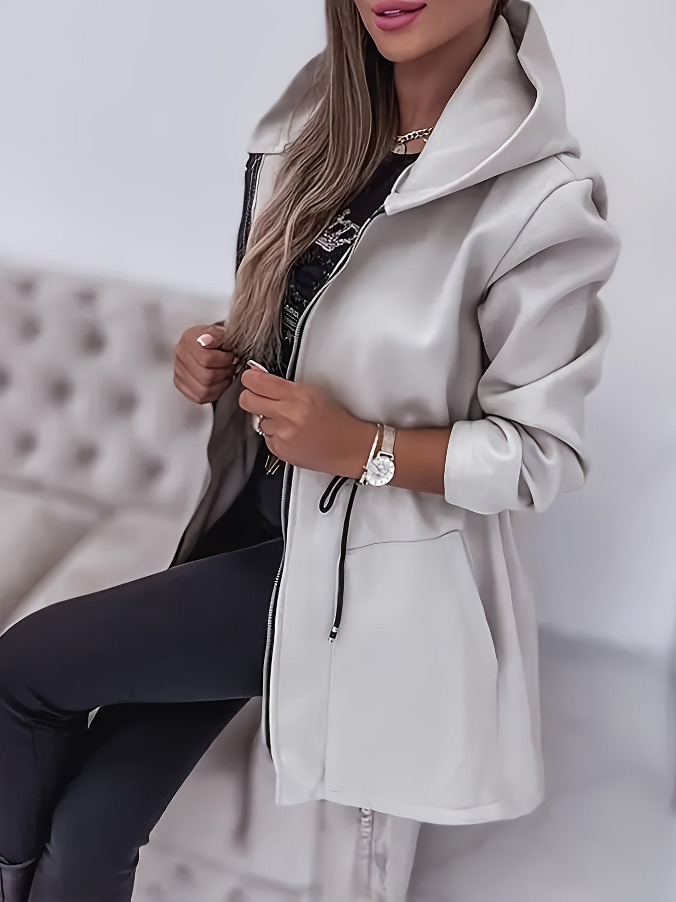 Casual Long Sleeve Hooded Drawstring Waist Jacket